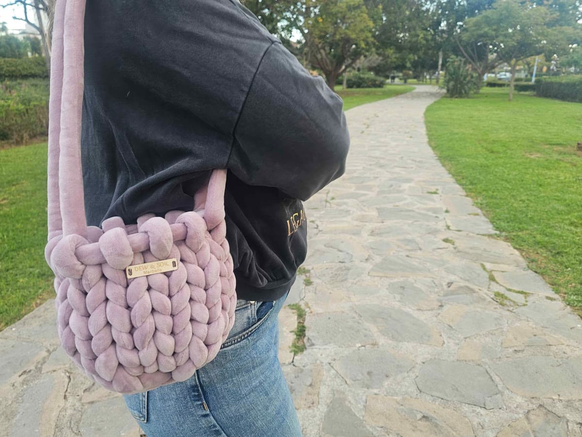 Braided Velvet Mini Bag in Lavender — close-up of braid detail and padded handles