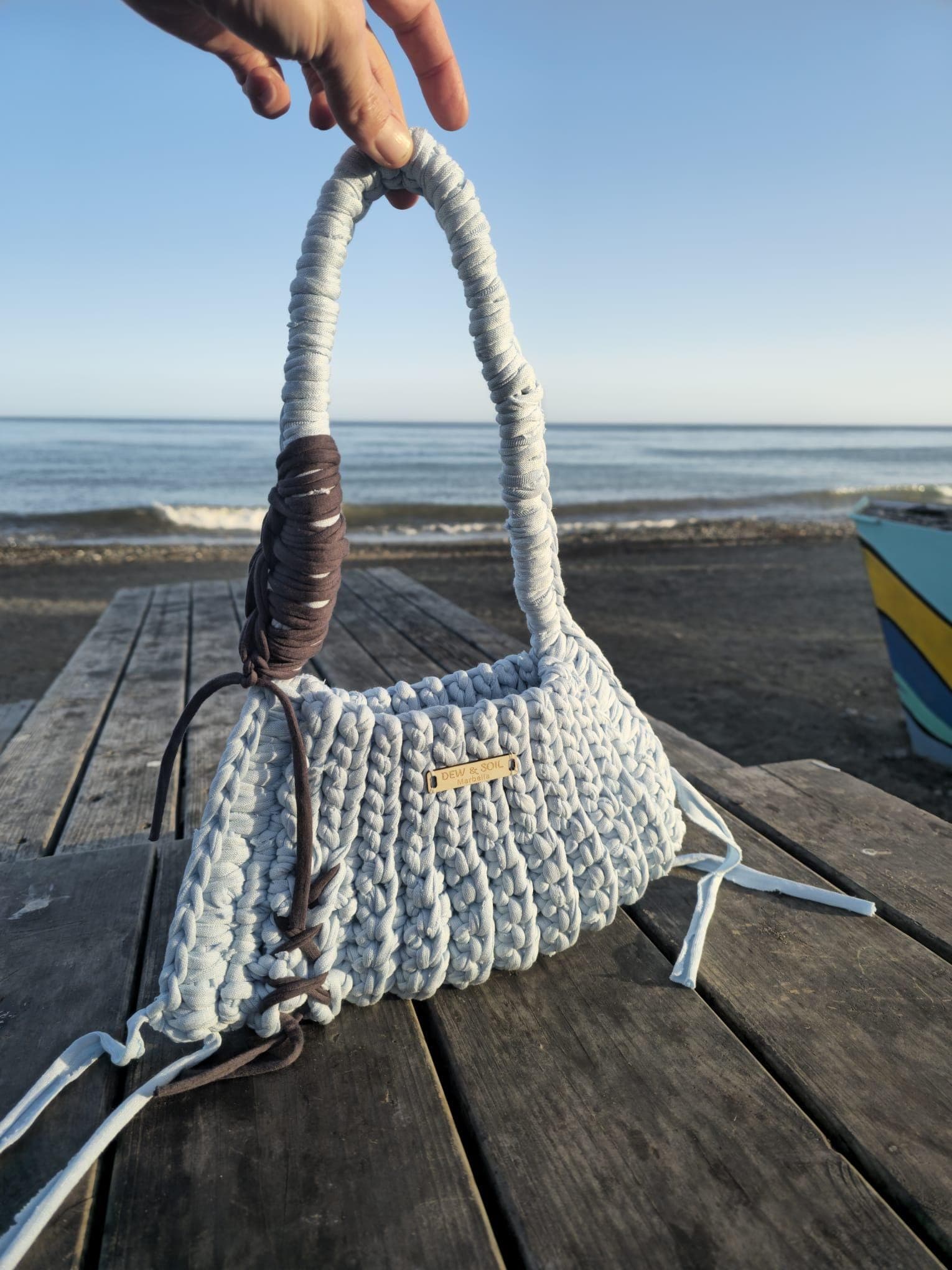Chunky T-Shirt Yarn Shoulder Bag · Grey Blue - handmade in Marbella