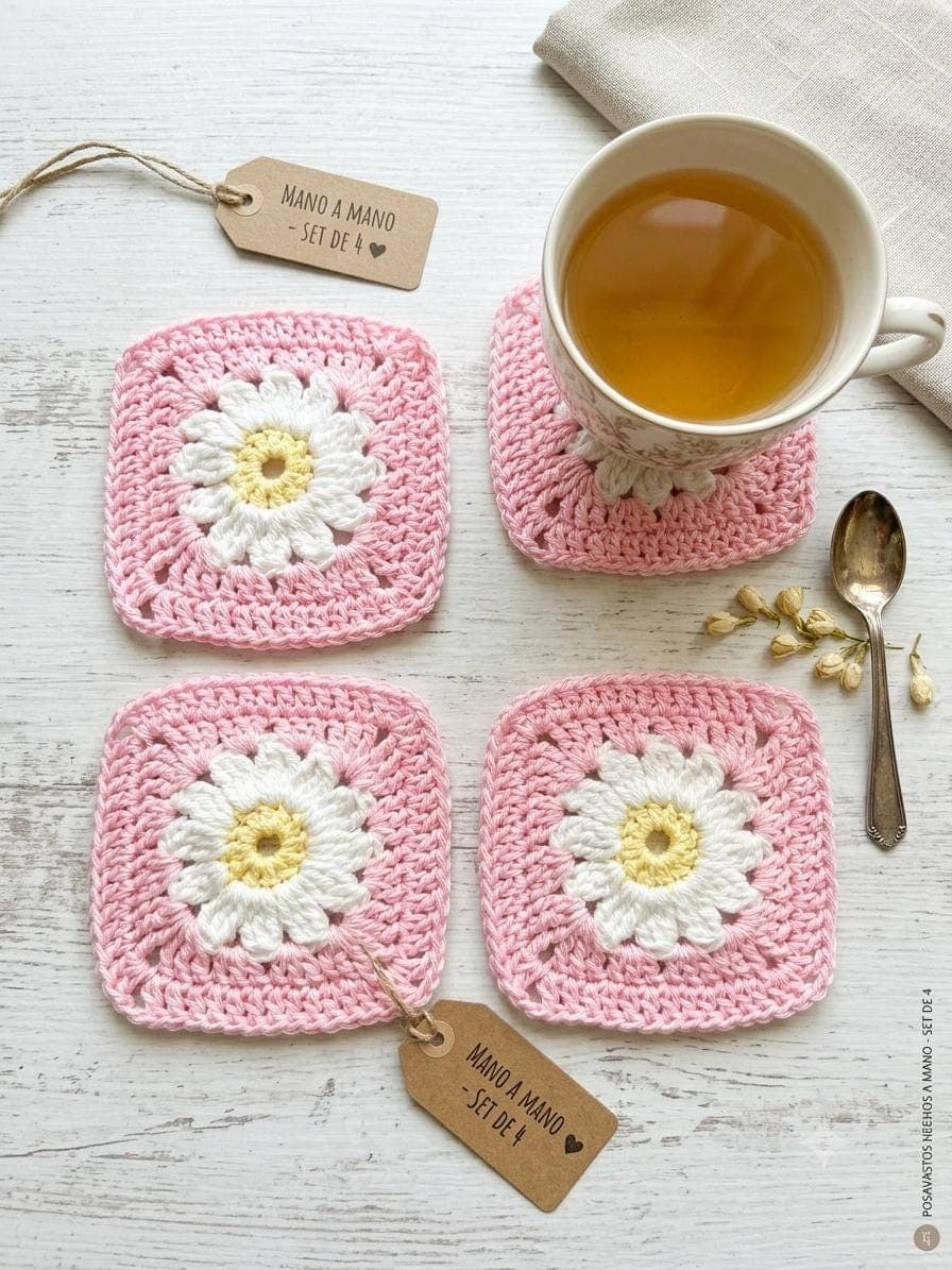 Crochet Daisy Coasters Set - handmade in Marbella