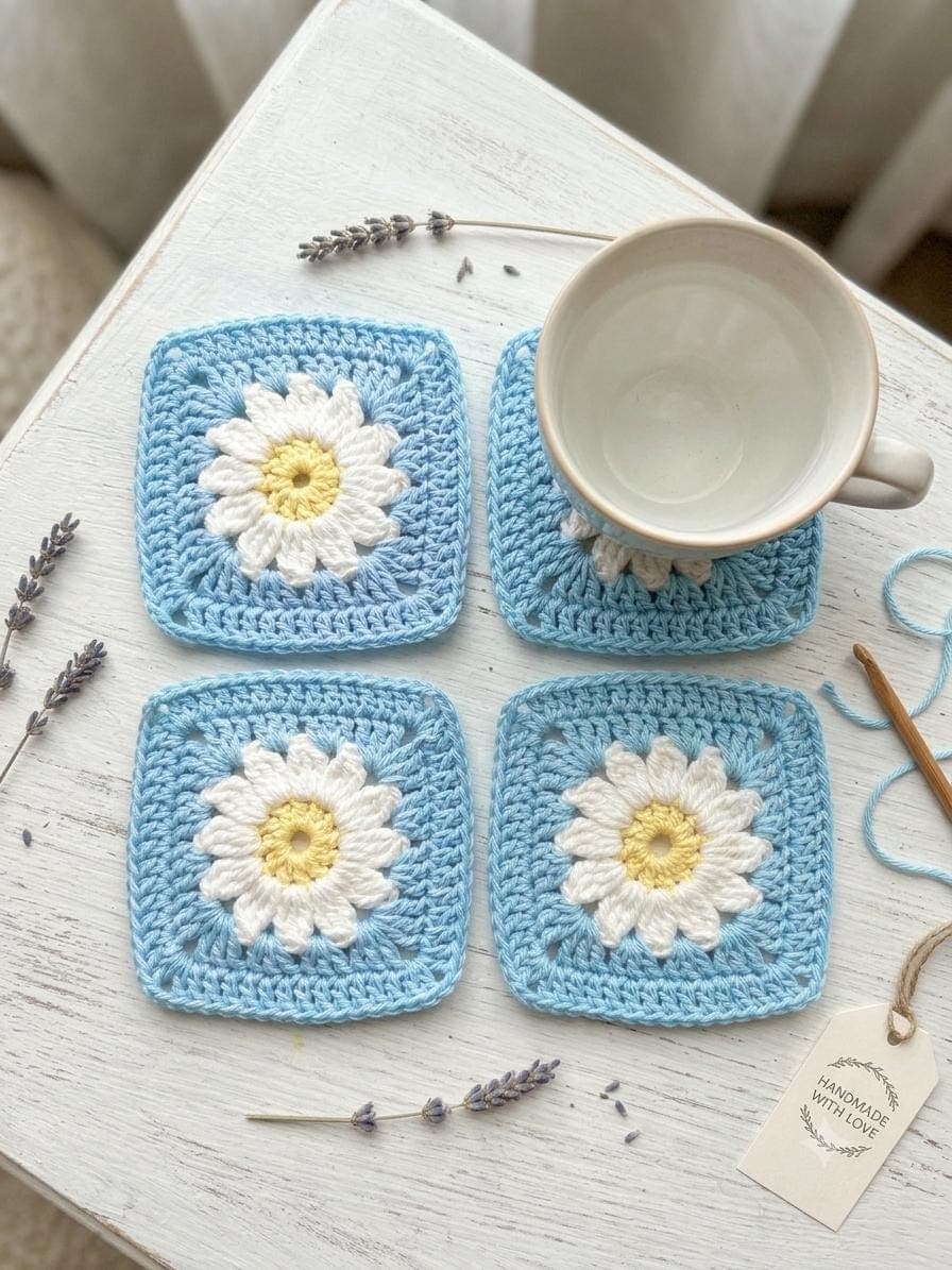 Crochet Daisy Coasters Set - handmade in Marbella