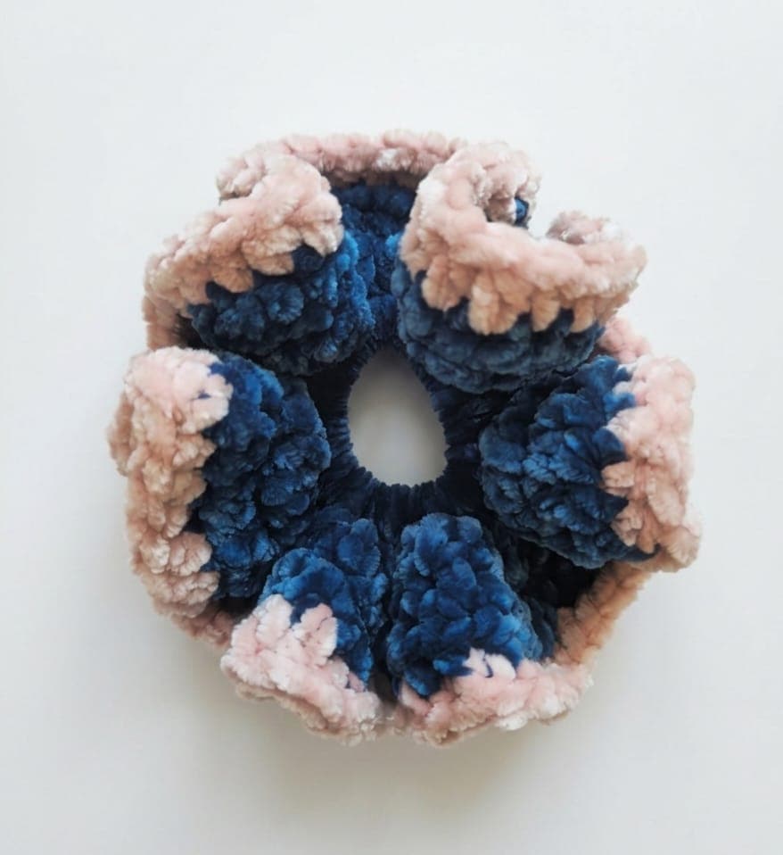 Petal Navy Chenille Scrunchie — navy chenille petals with pink edges
