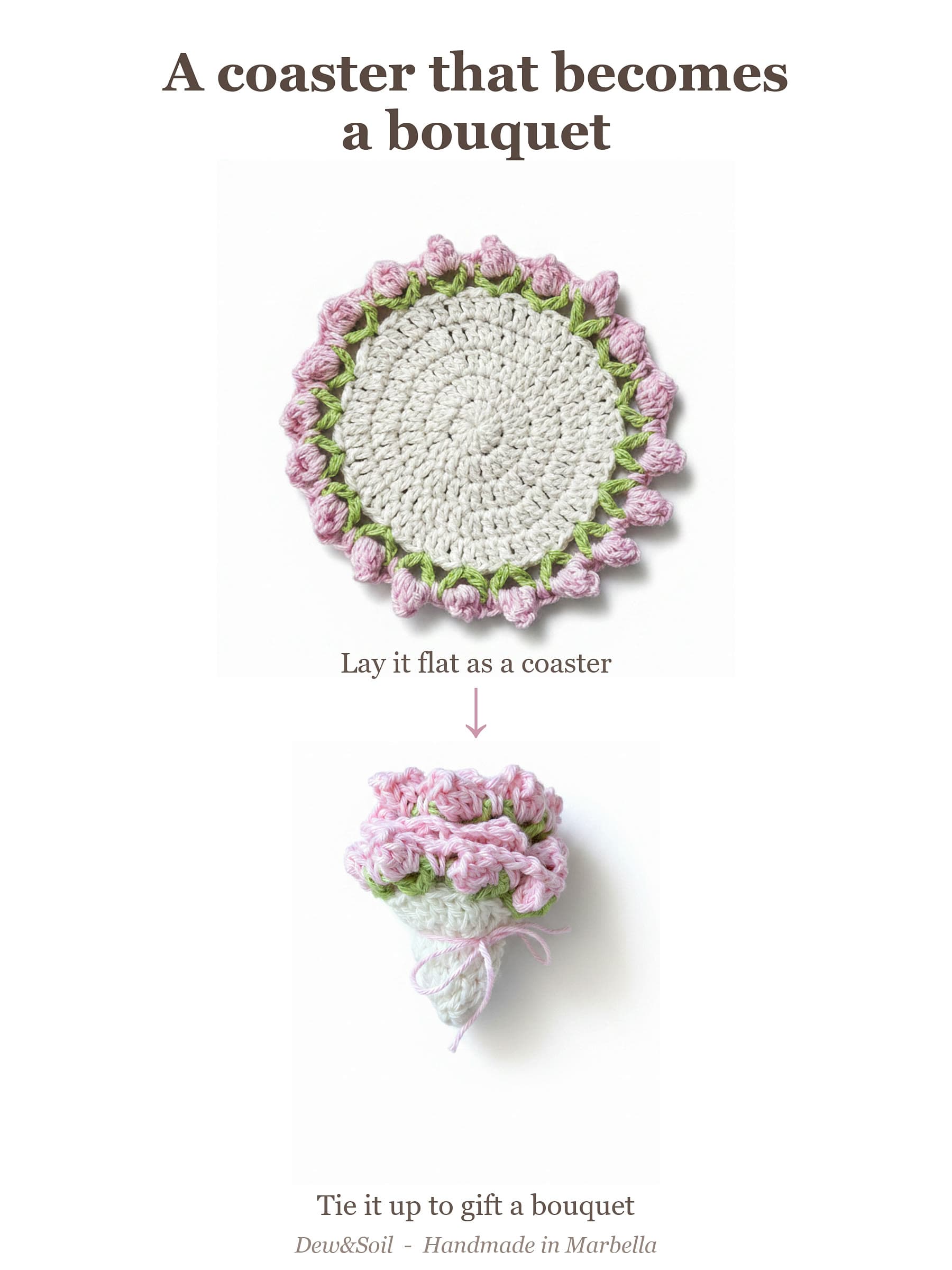 Diagram showing the crochet coaster laid flat and tied into a rose bouquet