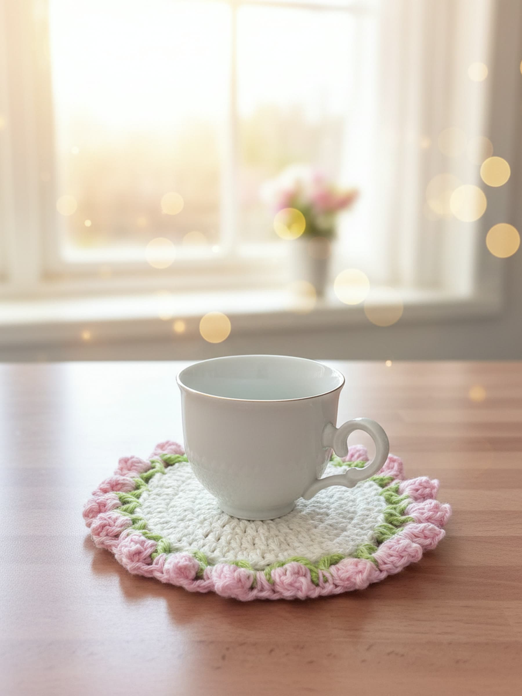 Crochet rosebud coaster in use under a white porcelain teacup on a sunlit table
