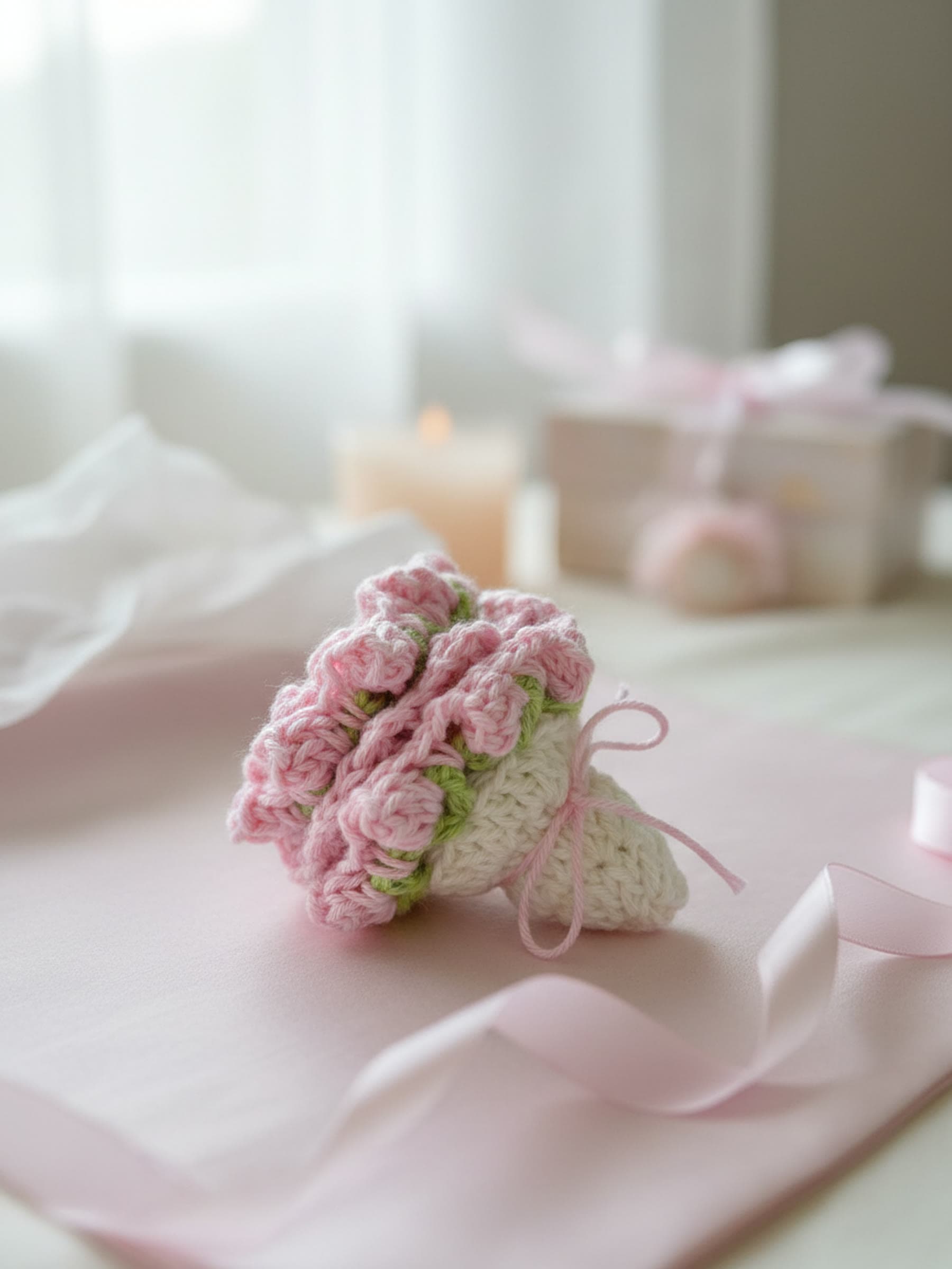 Crochet coaster tied into a little rose bouquet, styled as a handmade gift